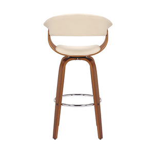 27" Cream And Brown Faux Leather And Fabric And Solid Wood Low Back Counter Height Swivel Bar Chair