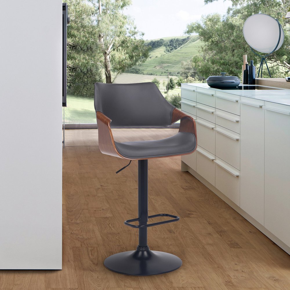 Gray And Black Fabric And Iron Adjustable Height Swivel Bar Chair
