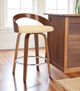 26" Cream and Brown Faux Leather and Solid Wood Low Back Counter Height Swivel Bar Chair