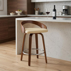 26" Cream and Brown Faux Leather and Solid Wood Low Back Counter Height Swivel Bar Chair