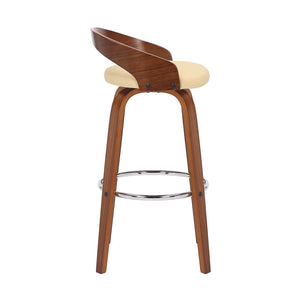 30" Cream And Brown Faux Leather And Fabric And Solid Wood Low Back Bar Height Swivel Bar Chair