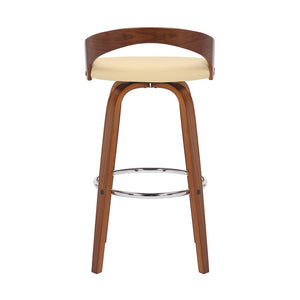 30" Cream And Brown Faux Leather And Fabric And Solid Wood Low Back Bar Height Swivel Bar Chair