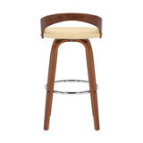 30" Cream And Brown Faux Leather And Solid Wood Swivel Low Back Bar Height Bar Chair