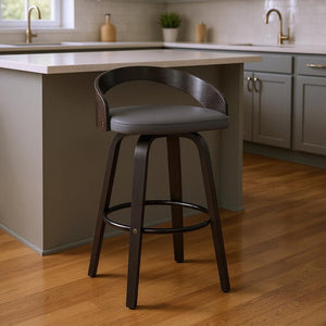 26" Gray And Black Faux Leather And Iron Swivel Low Back Counter Height Bar Chair