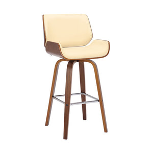 26" Cream And Brown Faux Leather And Fabric And Solid Wood Counter Height Swivel Bar Chair