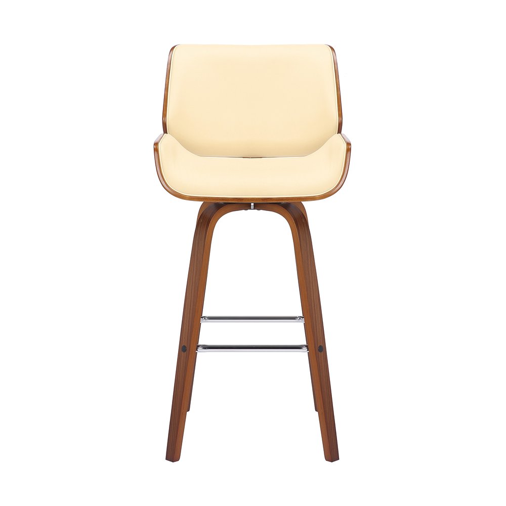 26" Cream And Brown Faux Leather And Solid Wood Swivel Counter Height Bar Chair
