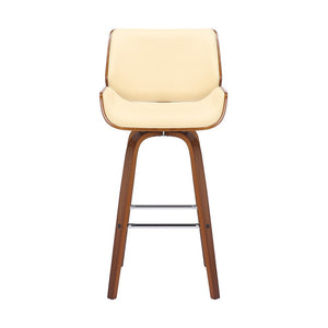 26" Cream And Brown Faux Leather And Solid Wood Swivel Counter Height Bar Chair