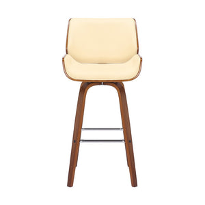 30" Cream And Brown Faux Leather And Solid Wood Swivel Bar Height Bar Chair