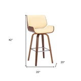 30" Cream And Brown Faux Leather And Solid Wood Swivel Bar Height Bar Chair