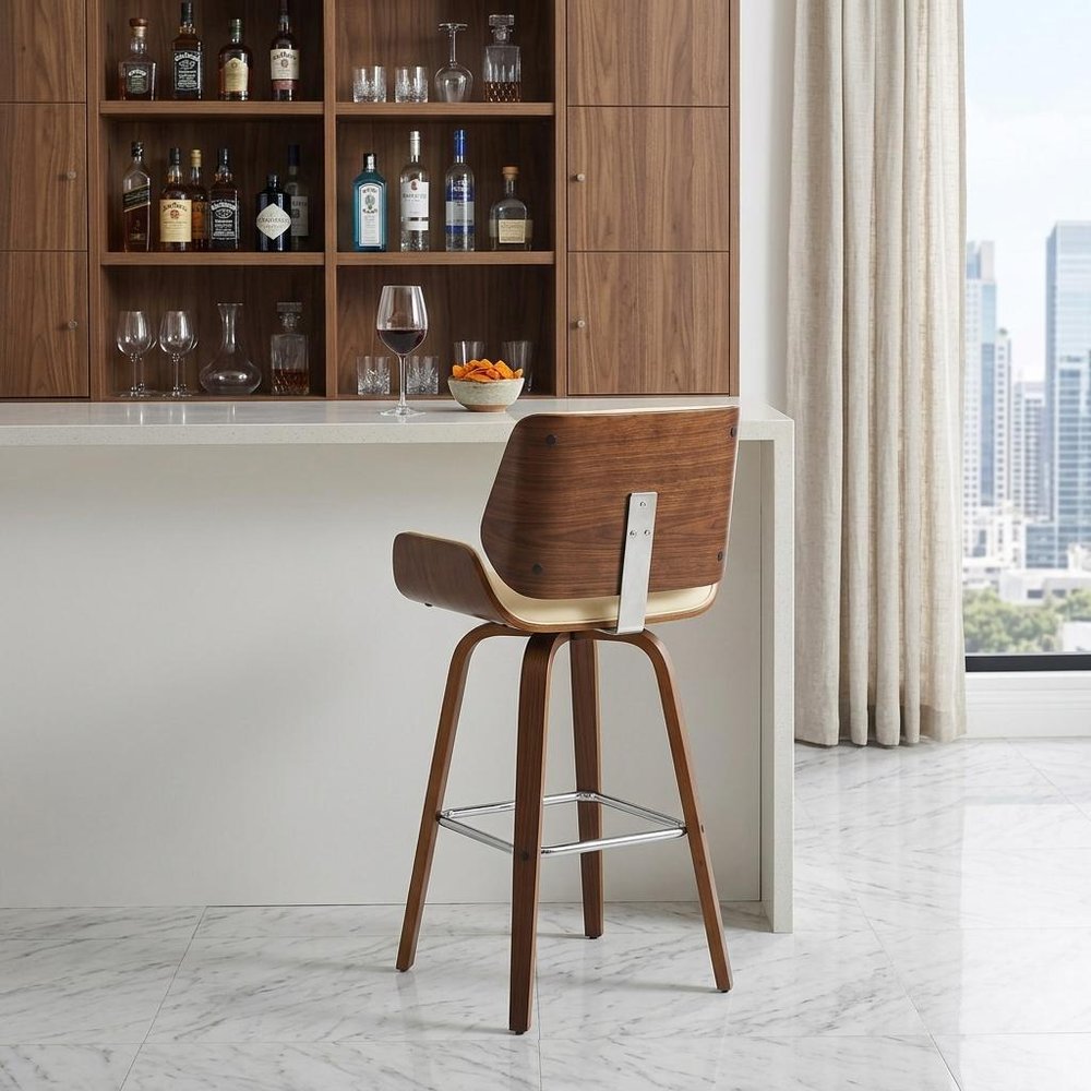 30" Cream And Brown Faux Leather And Solid Wood Swivel Bar Height Bar Chair