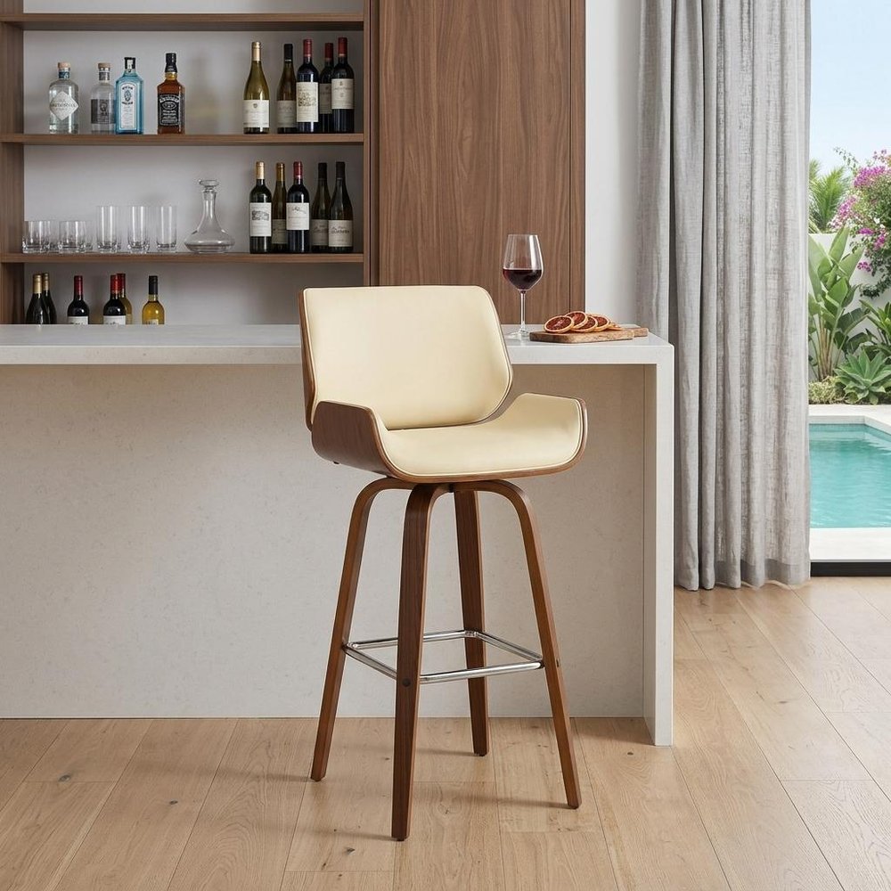 30" Cream And Brown Faux Leather And Solid Wood Swivel Bar Height Bar Chair