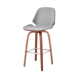 26" Gray And Brown Fabric And Wood Counter Height Swivel Bar Chair