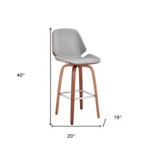 26" Gray And Brown Fabric And Wood Counter Height Swivel Bar Chair
