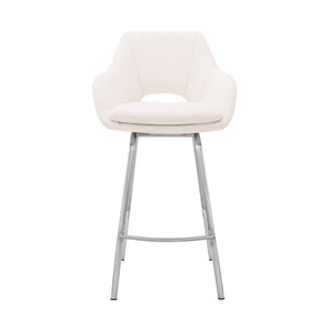 30" White And Silver Fabric And Iron Low Back Bar Height Swivel Bar Chair