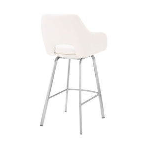 30" White And Silver Fabric And Iron Low Back Bar Height Swivel Bar Chair