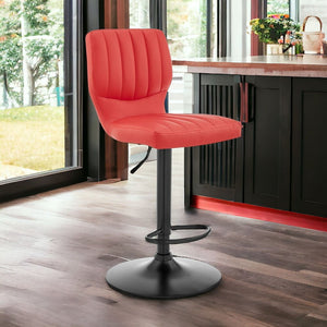 Red and Black Faux Leather And Iron Adjustable Height Swivel Bar Chair