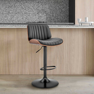 Dark Gray Brown And Black Iron and Faux Leather Adjustable Height Swivel Bar Chair