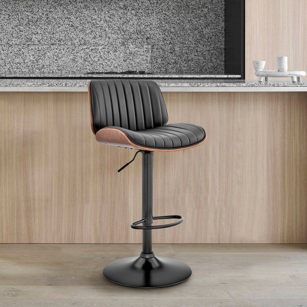Brown Dark Gray And Black Faux Leather And Iron Adjustable Height Swivel Bar Chair
