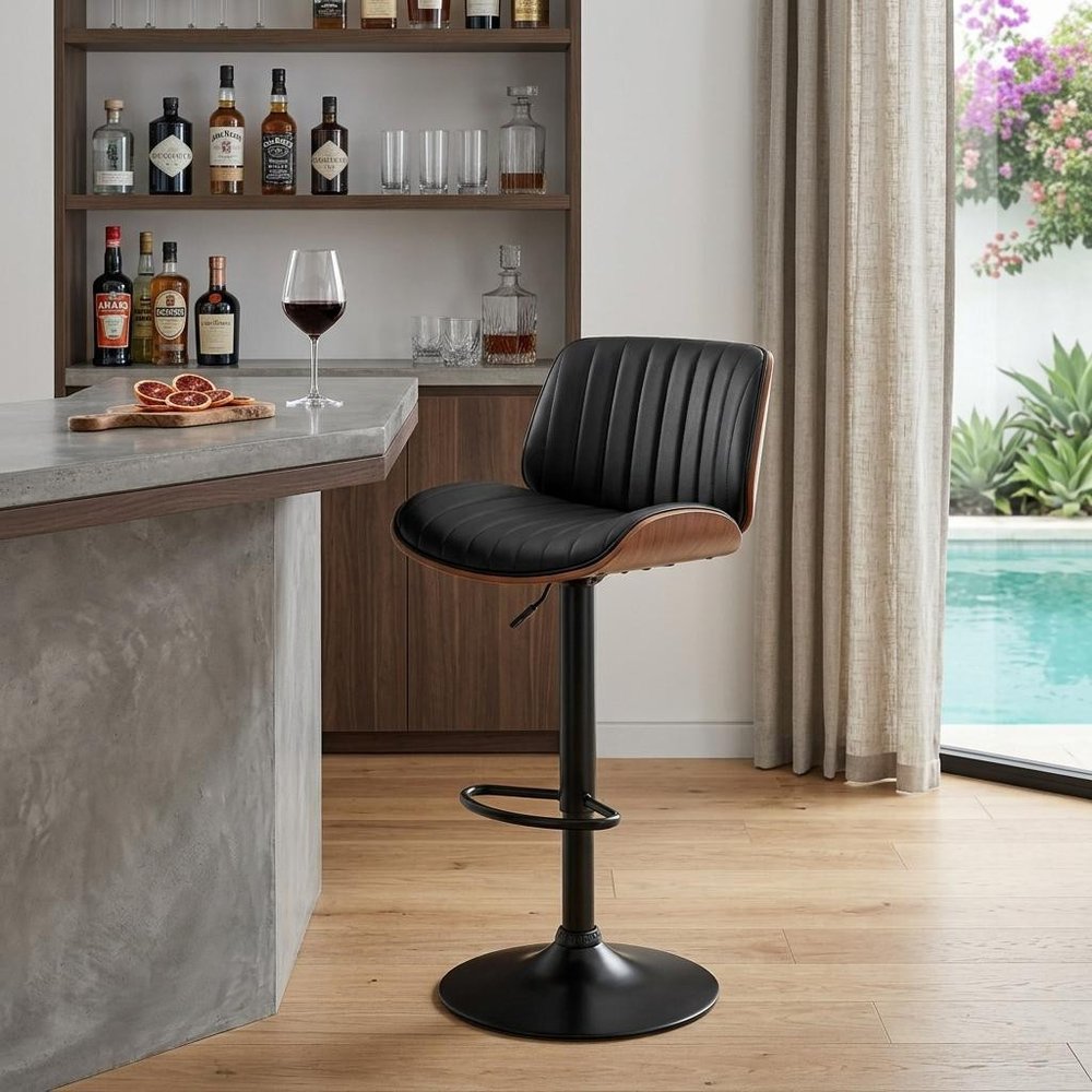 Dark Gray Brown And Black Iron and Faux Leather Adjustable Height Swivel Bar Chair