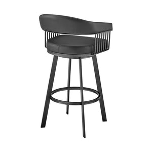 29" Black Fabric And Iron Low Back Bar Height Swivel Bar Chair