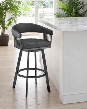 29" Black Fabric And Iron Low Back Bar Height Swivel Bar Chair