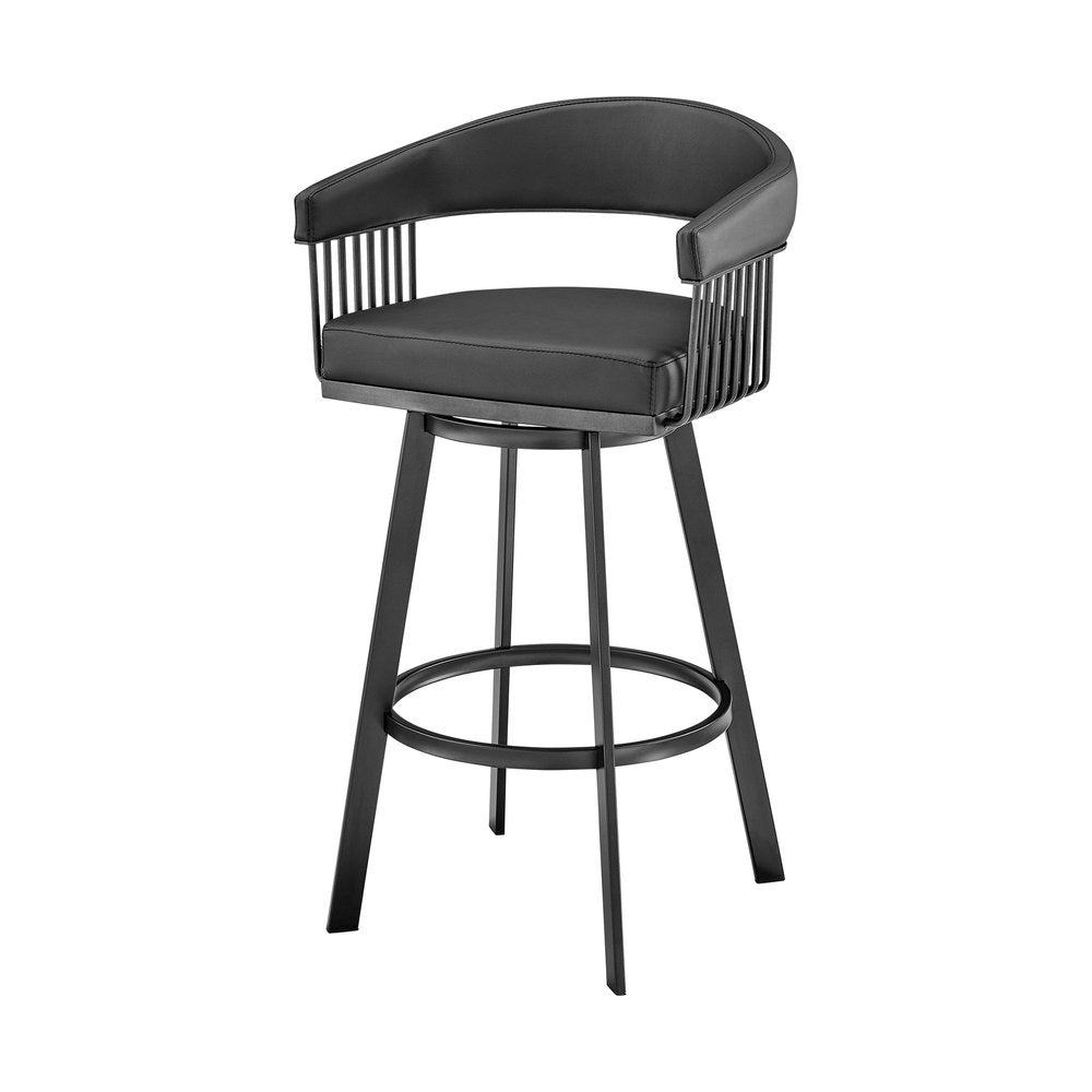 29" Black Fabric And Iron Low Back Bar Height Swivel Bar Chair
