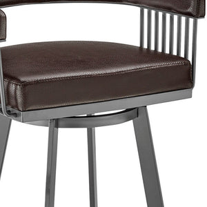 25" Chocolate And Gray Fabric And Faux Leather And Iron Low Back Counter Height Swivel Bar Chair