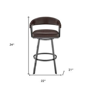 25" Chocolate And Gray Fabric And Faux Leather And Iron Low Back Counter Height Swivel Bar Chair