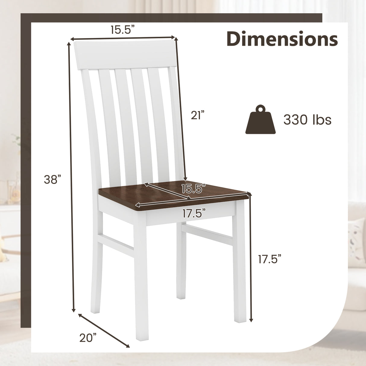 Set of 2 Kitchen Armless Dining Chairs with Slatted High Backrests-White
