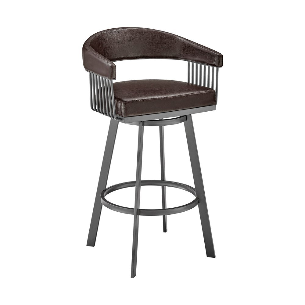 29" Chocolate And Gray Fabric And Faux Leather And Iron Low Back Bar Height Swivel Bar Chair