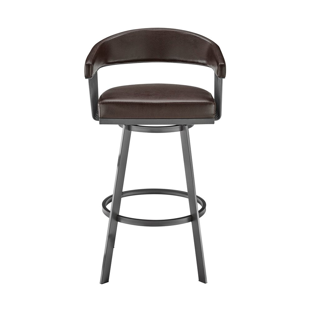 29" Chocolate And Gray Fabric And Faux Leather And Iron Low Back Bar Height Swivel Bar Chair