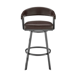 29" Chocolate And Gray Fabric And Faux Leather And Iron Low Back Bar Height Swivel Bar Chair