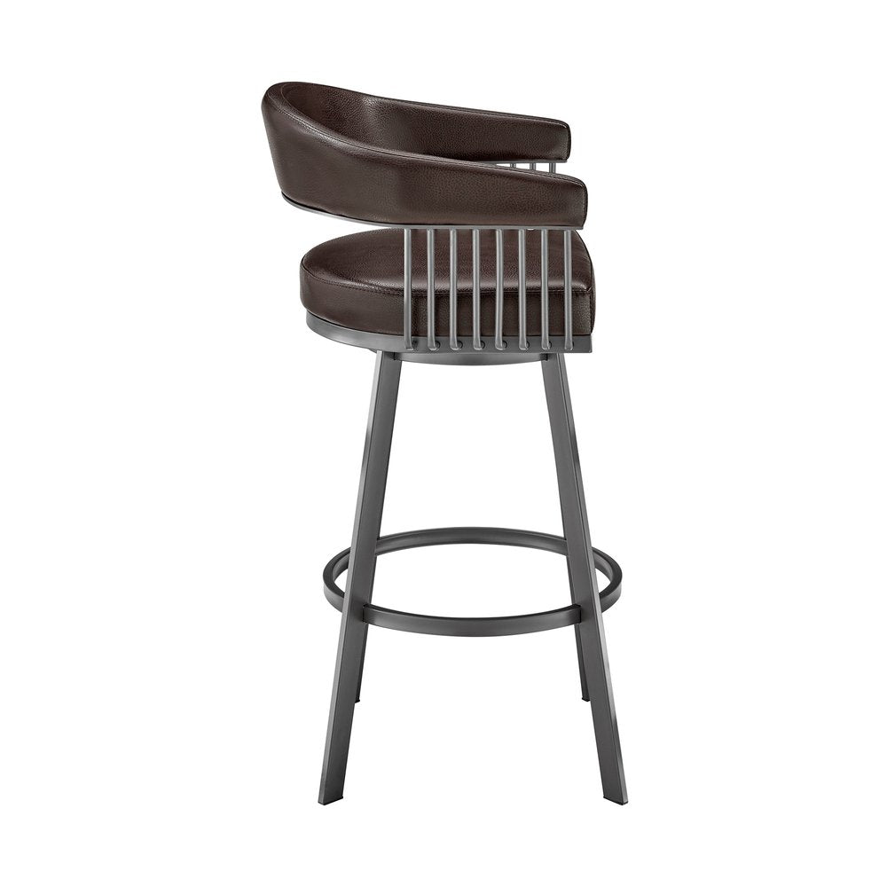 29" Chocolate And Gray Fabric And Faux Leather And Iron Low Back Bar Height Swivel Bar Chair