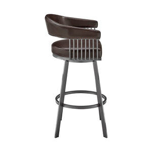 29" Chocolate And Gray Fabric And Faux Leather And Iron Low Back Bar Height Swivel Bar Chair