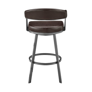29" Chocolate And Gray Fabric And Faux Leather And Iron Low Back Bar Height Swivel Bar Chair