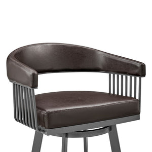 29" Chocolate And Gray Fabric And Faux Leather And Iron Low Back Bar Height Swivel Bar Chair