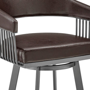 29" Chocolate And Gray Fabric And Faux Leather And Iron Low Back Bar Height Swivel Bar Chair