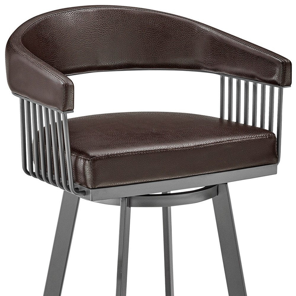 29" Chocolate And Gray Fabric And Faux Leather And Iron Low Back Bar Height Swivel Bar Chair
