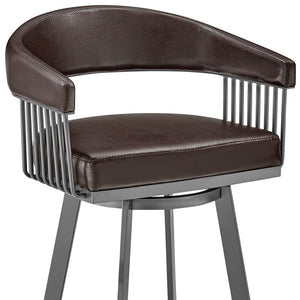 29" Chocolate And Gray Fabric And Faux Leather And Iron Low Back Bar Height Swivel Bar Chair