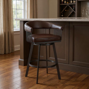 29" Chocolate And Gray Fabric And Faux Leather And Iron Low Back Bar Height Swivel Bar Chair