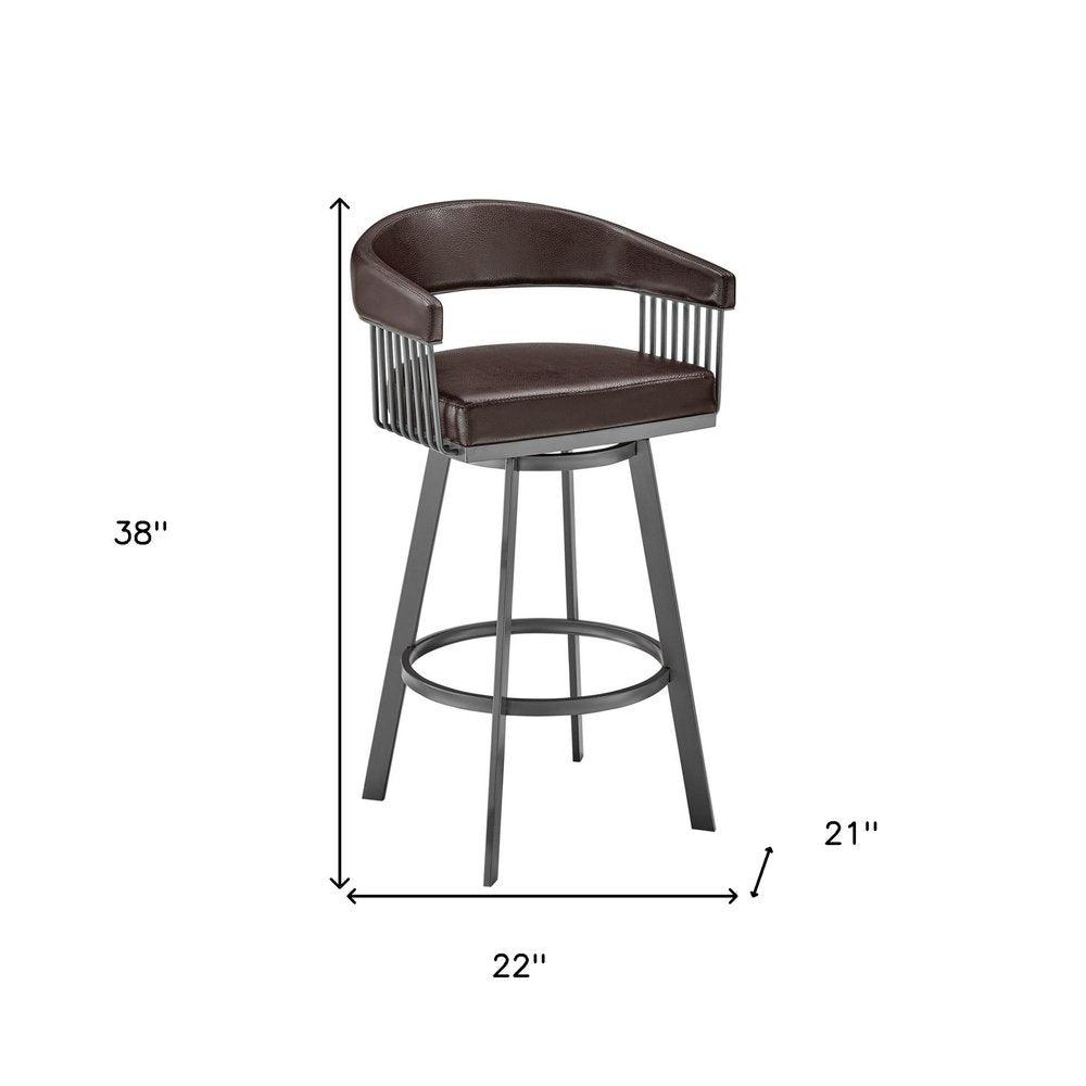 29" Chocolate And Gray Fabric And Faux Leather And Iron Low Back Bar Height Swivel Bar Chair