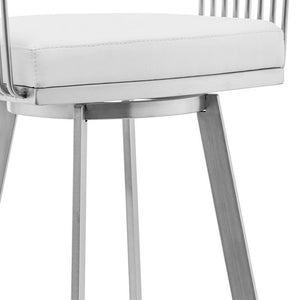 29" White And Silver Fabric And Iron Low Back Bar Height Swivel Bar Chair