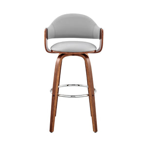 26" Gray And Brown Fabric And Wood Low Back Counter Height Swivel Bar Chair