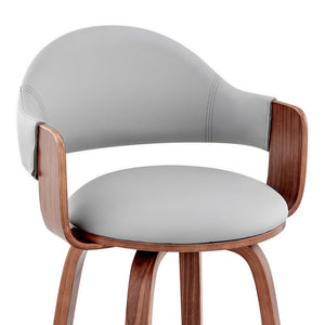 26" Gray And Brown Fabric And Wood Low Back Counter Height Swivel Bar Chair