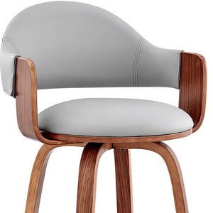 26" Gray And Brown Fabric And Wood Low Back Counter Height Swivel Bar Chair