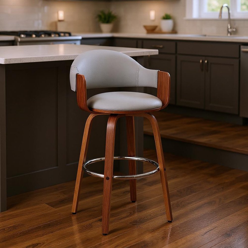 26" Gray And Brown Fabric And Wood Low Back Counter Height Swivel Bar Chair