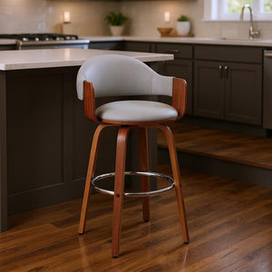 26" Gray And Brown Fabric And Wood Low Back Counter Height Swivel Bar Chair