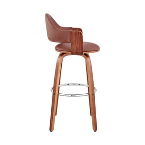 26" Brown Fabric And Wood Low Back Counter Height Swivel Bar Chair