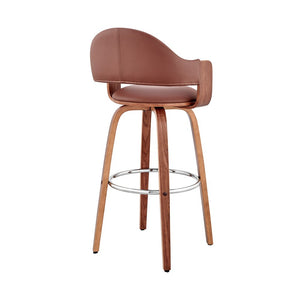 26" Brown Fabric And Wood Low Back Counter Height Swivel Bar Chair