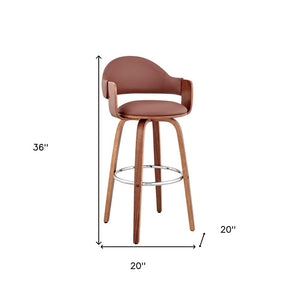 26" Brown Fabric And Wood Low Back Counter Height Swivel Bar Chair